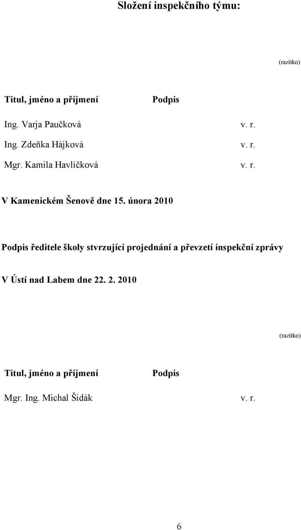 února 2010 Podpis ředitele školy stvrzující projednání a převzetí inspekční zprávy V Ústí