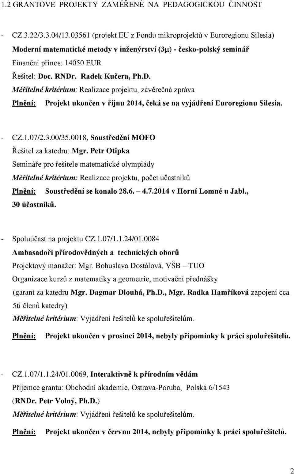 c. RNDr. Radek Kučera, Ph.D. Měřitelné kritérium: Realizace projektu, závěrečná zpráva Projekt ukončen v říjnu 2014, čeká se na vyjádření Euroregionu Silesia. - CZ.1.07/2.3.00/35.