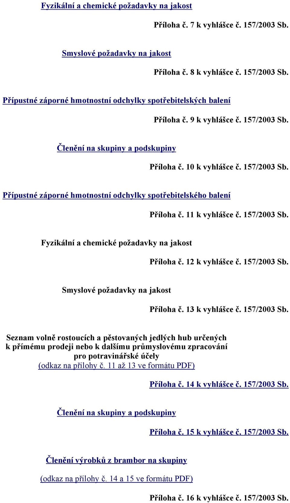 157/2003 Sb. Fyzikální a chemické požadavky na jakost Příloha č. 12 k vyhlášce č. 157/2003 Sb.