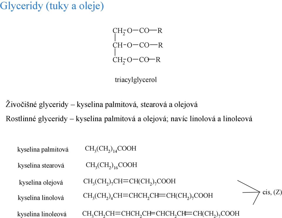 kyselina palmitová kyselina stearová kyselina olejová kyselina linolová kyselina linoleová CH 3 ( )