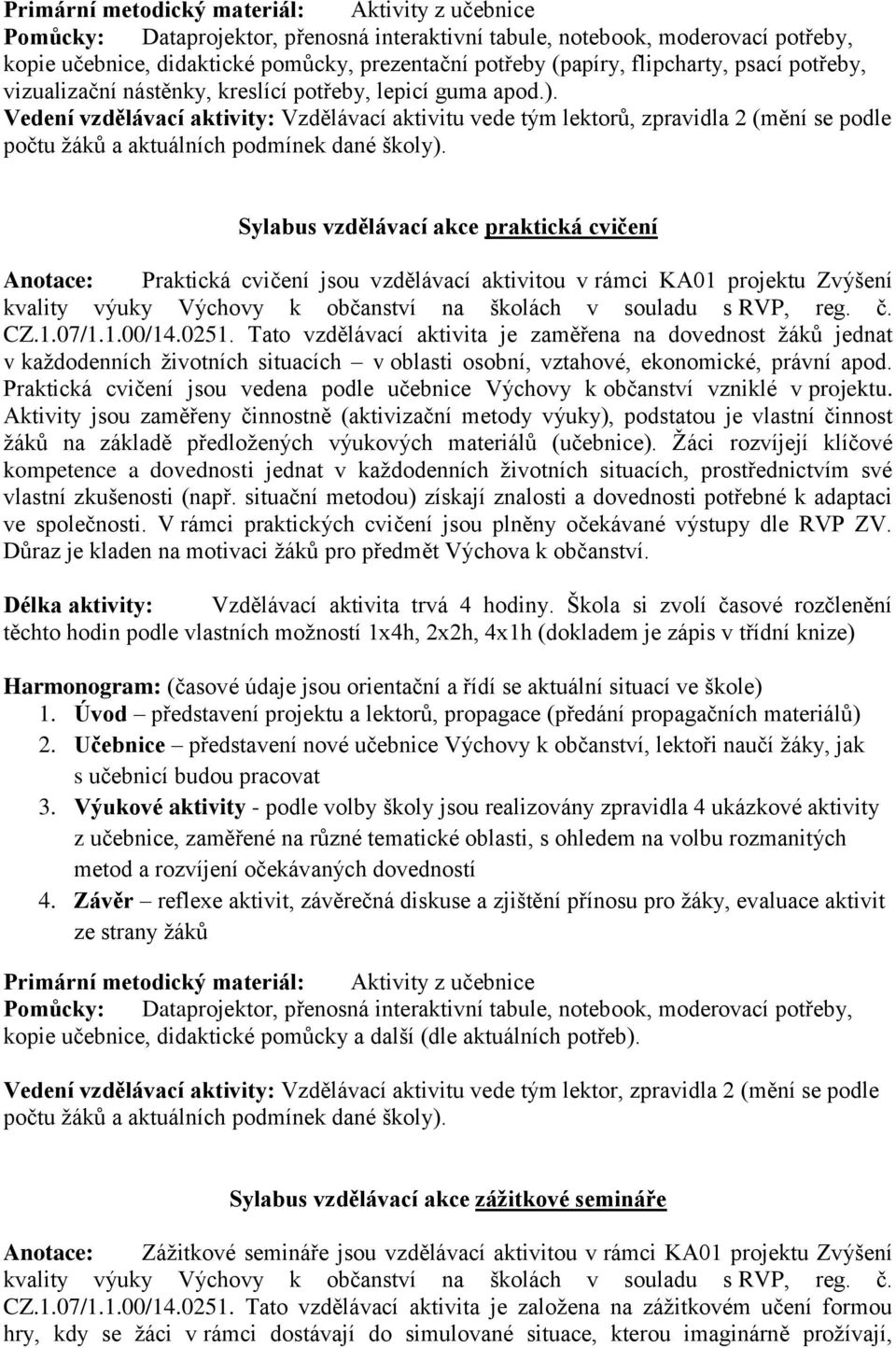 KA01 projektu Zvýšení kvality výuky Výchovy k občanství na školách v souladu s RVP, reg. č. CZ.1.07/1.1.00/14.0251.