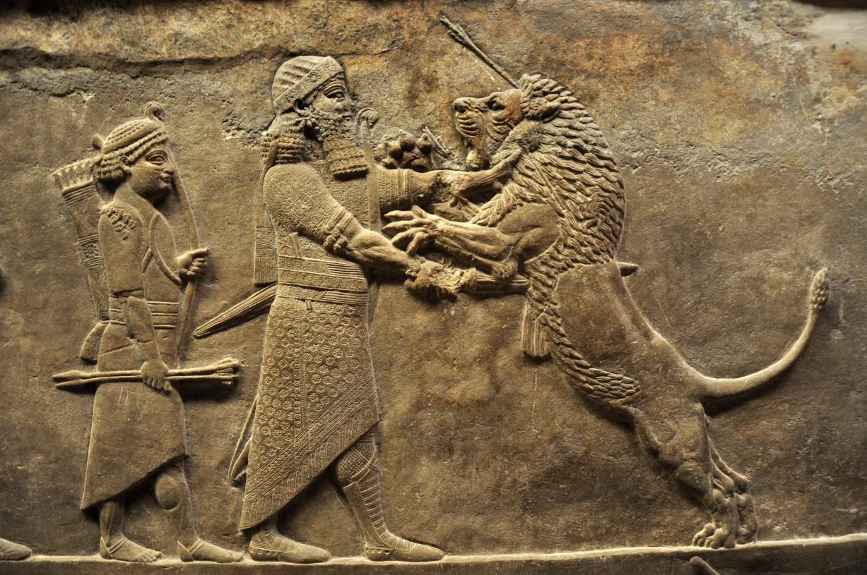 Aššurbanipal 6, 7) Reliéf s podobou zakladatele knihovny v Ninive Aššurbanipalem a