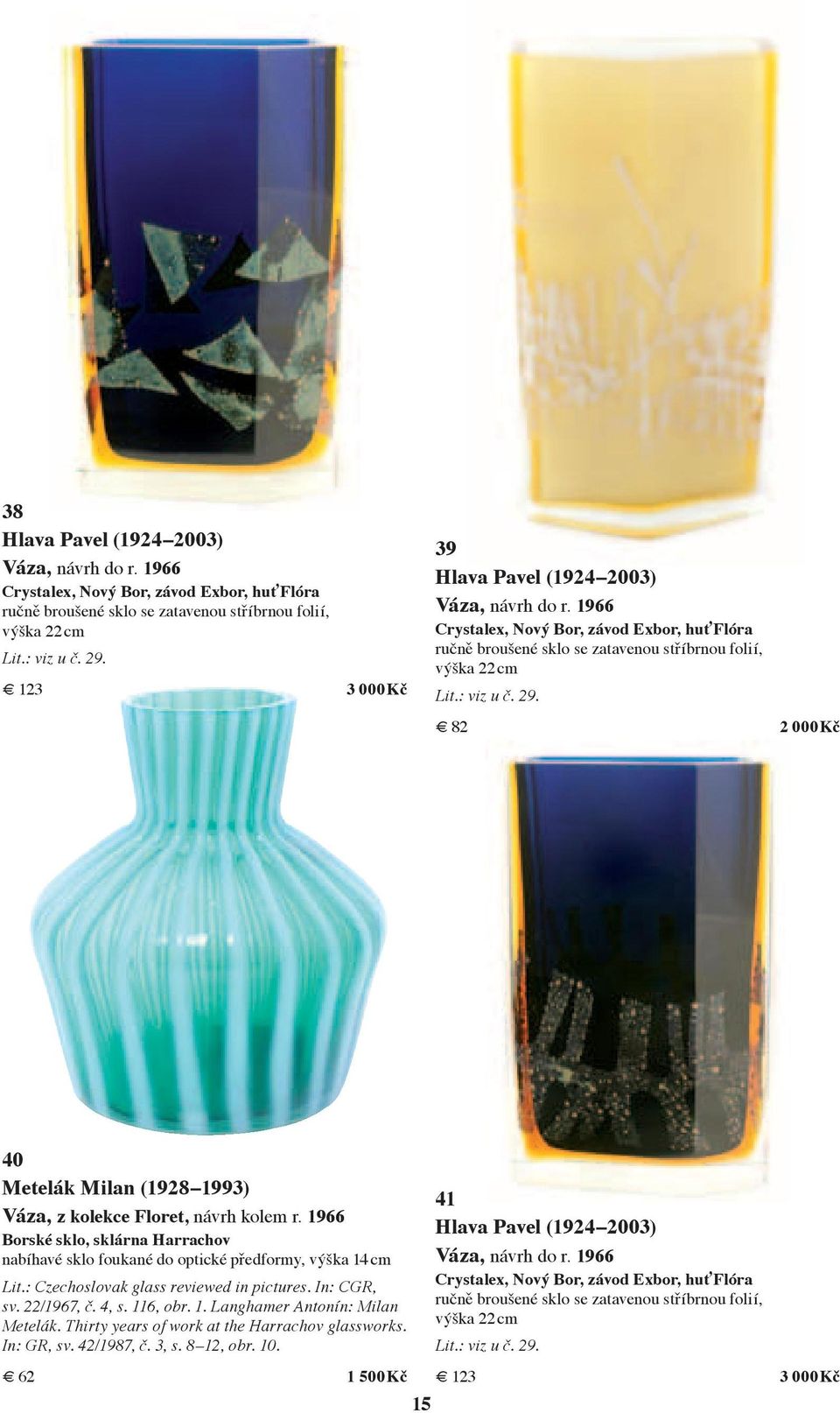 82 2 000 Kč 40 Metelák Milan (1928 1993) Váza, z kolekce Floret, návrh kolem r. 1966 Borské sklo, sklárna Harrachov nabíhavé sklo foukané do optické předformy, výška 14 cm Lit.
