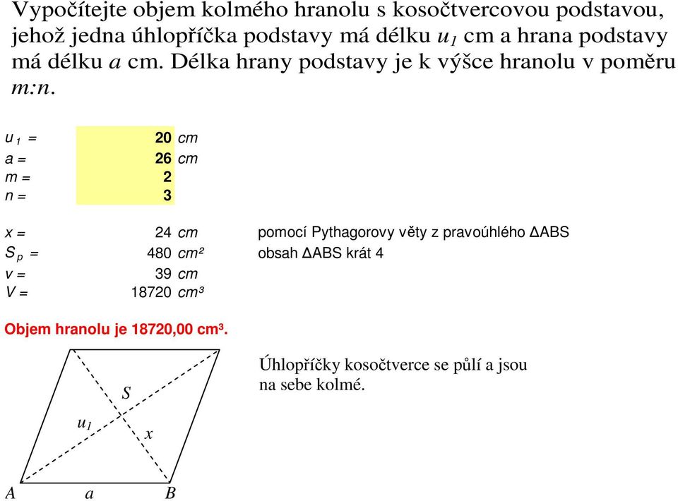 u 1 = 20 cm 26 cm m = 2 n = 3 x = 24 cm pomocí Pythagorovy věty z pravoúhlého ABS S p = 480 cm² obsah ABS