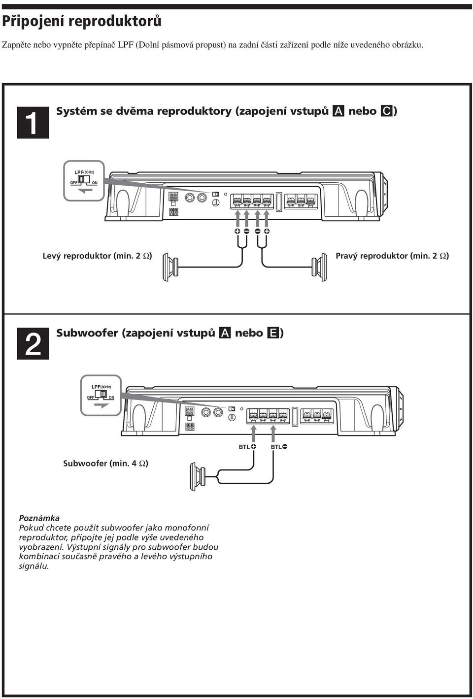2 Ω) 2 Subwoofer (zapojení vstupů A nebo E) LPF(80Hz) OFF ON BTL BTL Subwoofer (min.