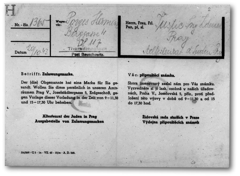 Výzva k osobnímu vyzvednutí připouštěcí známky z července 1943.
